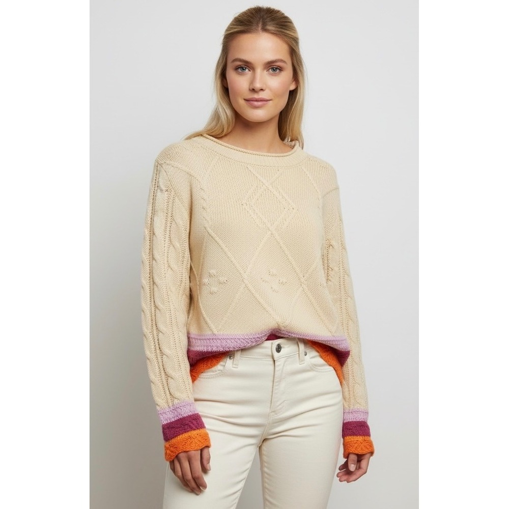 Pink Robin New York Size XL Cream Cable Knit Colour Block Sweater Purple Orange